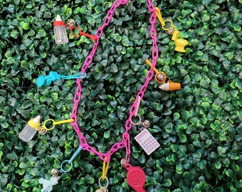 80s Bell Charm Necklace, Plastic Chain, Vintage Novelty Charms