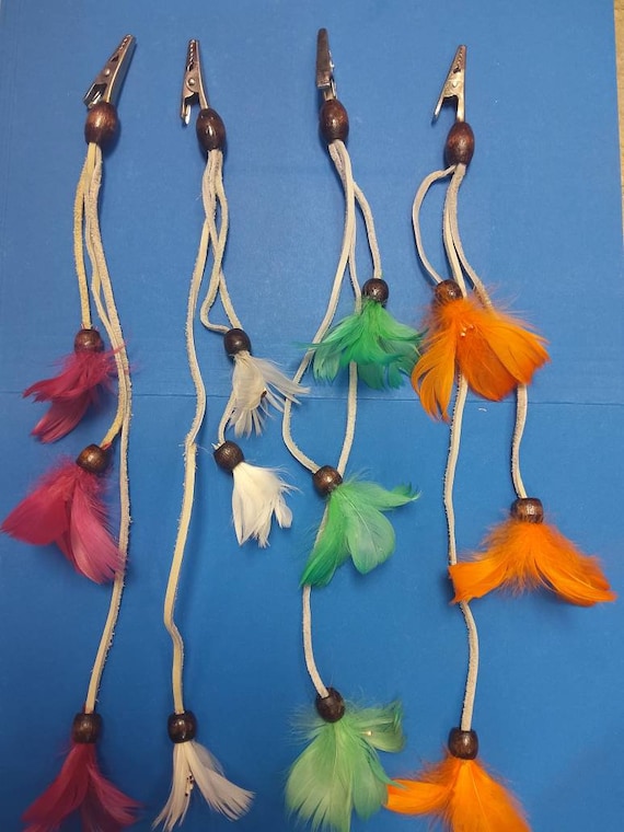 Vintage Deadstock Feather and Suede With Wood Beads Hair Clips