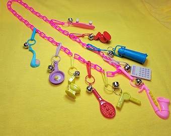 Original new old stock Vintage 80s Toy bell Charms and plastic  Necklace, Kidcore Bell Charms on Plastic Chain, you choose your chain option