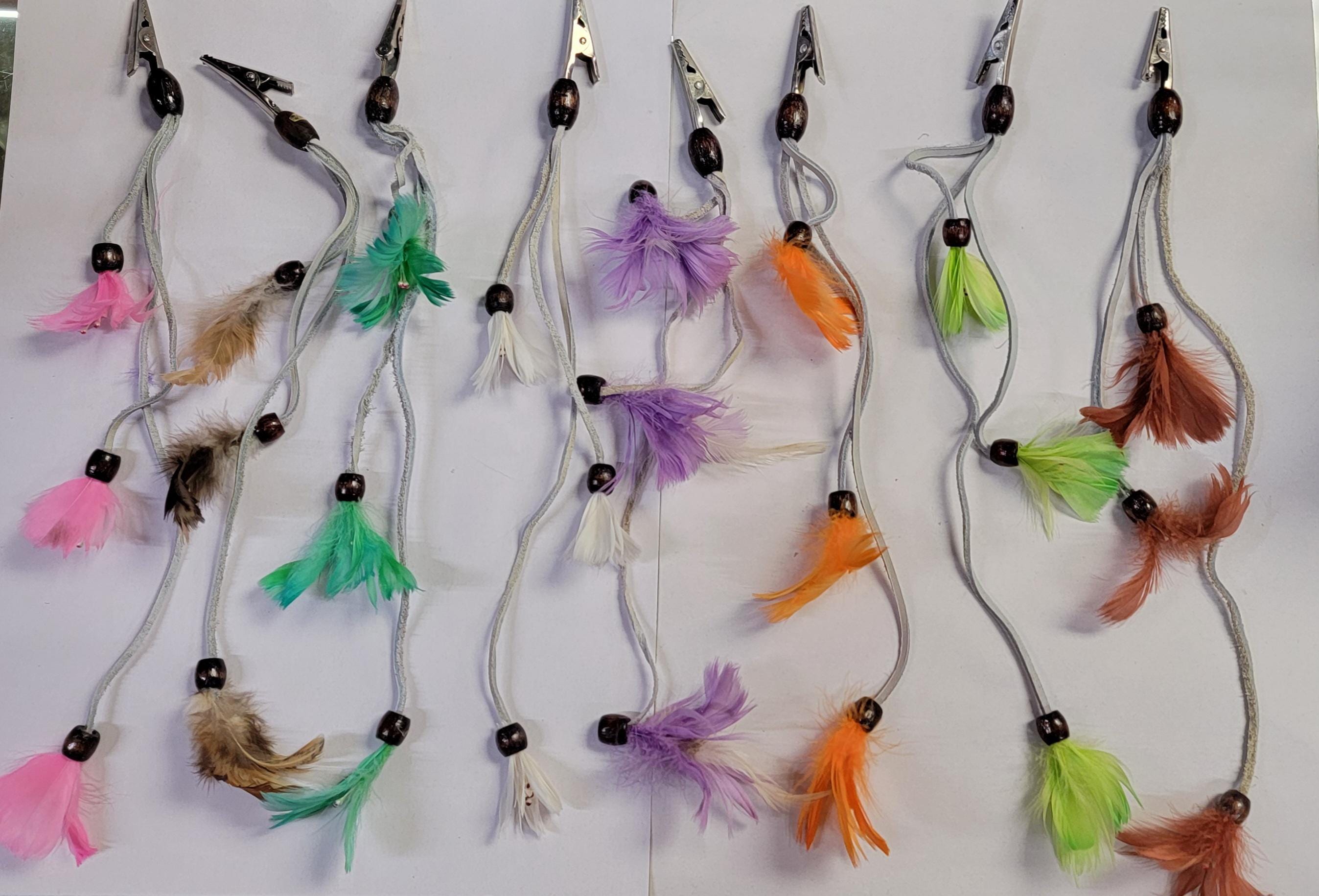 Vintage Deadstock Feather and Suede With Wood Beads Hair Clips