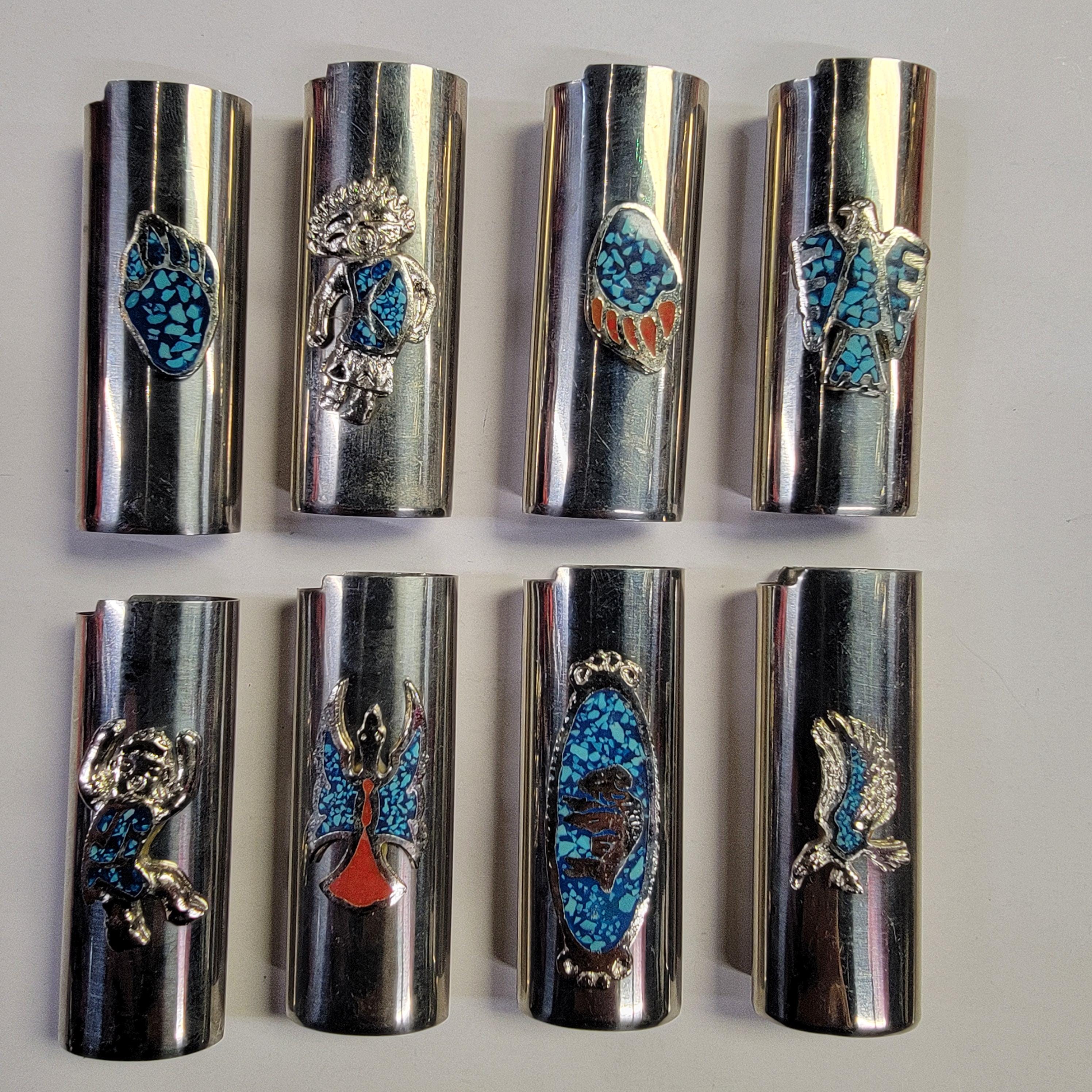 Indigenous Native America vintage Bic lighter covers 8 images stainless steel with faux turquoise inlay