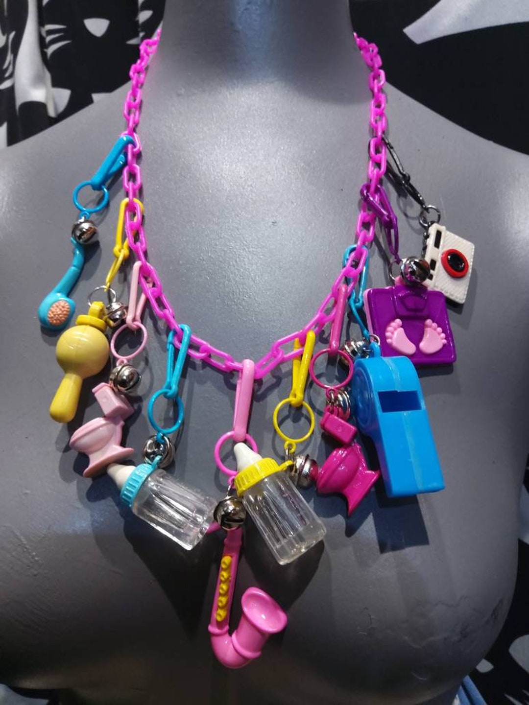 Vintage 80s Bell Charm Necklace or Key Chains,5 Plastic Chain Options
