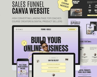 Könnte beinhalten: Eine digitale Marketinggrafik mit dem Text "SALES FUNNEL CANVA WEBSITE" und "BUILD YOUR ONLINE BUSINESS". Das Bild zeigt einen Laptop, ein Tablet und ein Telefon, die Website-Mockups anzeigen. Das Design enthält lila und gelbe Akzente.