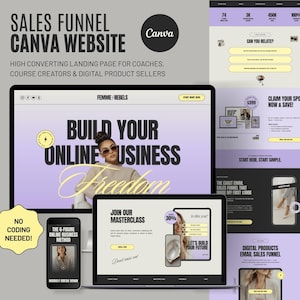 May include: A digital marketing graphic with the text "SALES FUNNEL CANVA WEBSITE" and "BUILD YOUR ONLINE BUSINESS". The image shows a laptop, tablet, and phone displaying website mockups. The design is in shades of purple, white, and yellow.