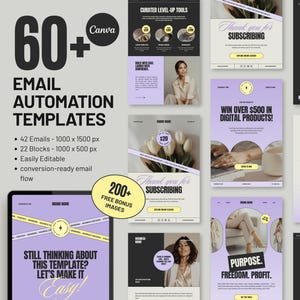 May include: A promotional graphic for email automation templates. The design features a large "60+" with the word "EMAIL AUTOMATION TEMPLATES" below. Additional text includes "42 Emails", "22 Blocks", and "Easily Editable". The design incorporates images and text.