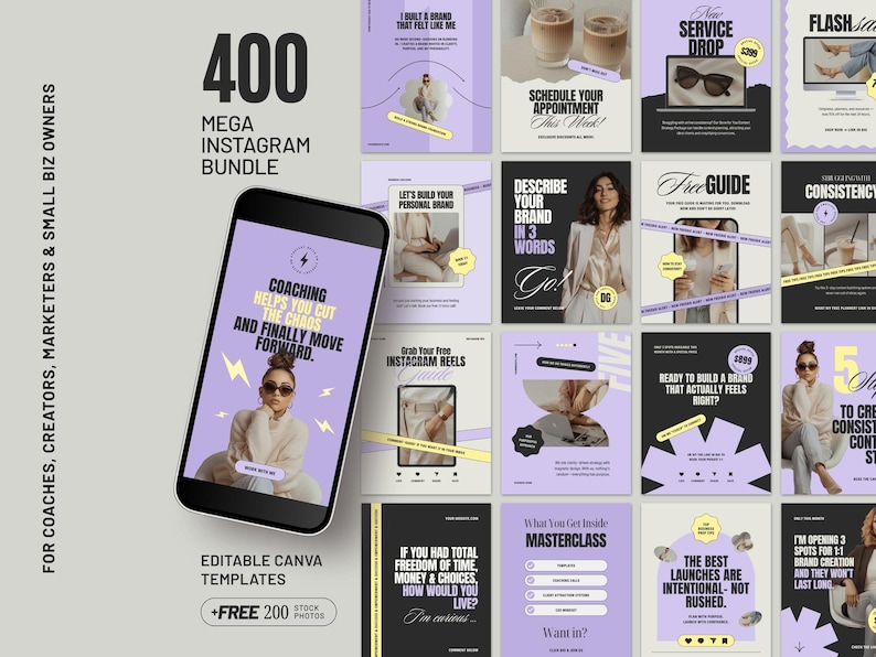 400 Instagram Canva templates for business coaches, content creators, and online educators building an aesthetic social media presence. This digital marketing kit in modern purple, black, and neutral tones includes fully customizable square feed posts, seamless carousel slides, vertical stories, video reels layouts, and profile highlight covers. Fully editable in free Canva to create a cohesive brand identity, change text fonts, update colors, and strategically increase profile engagement.