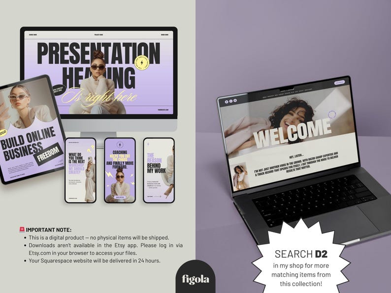 Modern editorial Squarespace website template for female entrepreneurs with a boss babe founder vibe, purple and black accents, and fully customizable drag and drop sections. Easy to edit Squarespace website template for women coaches designed to launch quickly using a modern feminine style and no coding required.
