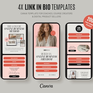 Op de afbeelding: Afbeelding van drie smartphone-mockups met link-in-bio-sjablonen. De sjablonen hebben een roze en witte kleurstelling met tekst als "The 6-Figure Online Business Method" en "Girl Boss". Een rode cirkel met "200+ FREE BONUS IMAGES" staat rechtsboven.