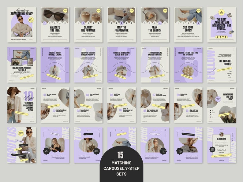 High end brand style guide layout displaying multi slide carousel post templates for business owners and digital resource content.
