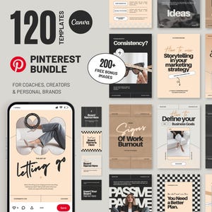 Puede incluir: Un conjunto de plantillas de Pinterest para coaches, creadores y marcas personales. El diseño presenta una variedad de plantillas con superposiciones de texto, incluyendo "120 Plantillas", "Pinterest Bundle" y "The Art of Letting Go". La combinación de colores es principalmente beige, negro y blanco.