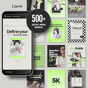 Könnte beinhalten: Ein digitales Marketing-Bundle mit über 500 Social-Media-Vorlagen. Das Design zeigt ein Smartphone mit dem Text "Define your Business Goals" und verschiedene Marketing-Grafiken in Grün und Schwarz.