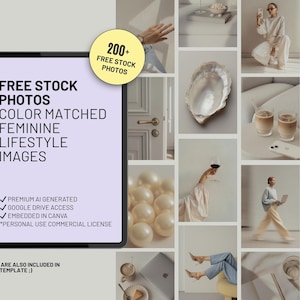 200 plus bonus female entrepreneur lifestyle stock images for virtual assistants, digital marketers, and service-based small businesses. Step-by-step instructions showing how to download the digital PDF link, edit colors and text in Canva, and export high-quality marketing assets.