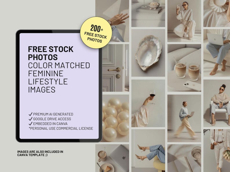 200 plus bonus female entrepreneur lifestyle stock images for virtual assistants, digital marketers, and service-based small businesses. Step-by-step instructions showing how to download the digital PDF link, edit colors and text in Canva, and export high-quality marketing assets.