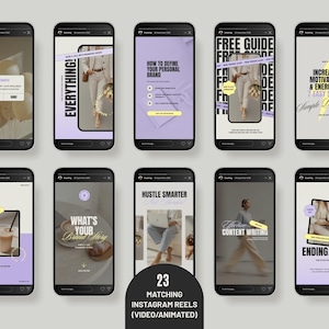 Series of smartphone screen mockups showcasing matching vertical reels templates and interactive Instagram story templates for content creation.