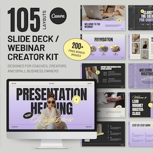 Puede incluir: Kit digital para crear presentaciones y webinars. La imagen muestra una pantalla de ordenador con la frase "Presentation Heading Is right here". El kit incluye 105 diseños, más de 200 imágenes de bonificación, y está diseñado para coaches, creadores y pequeños empresarios.
