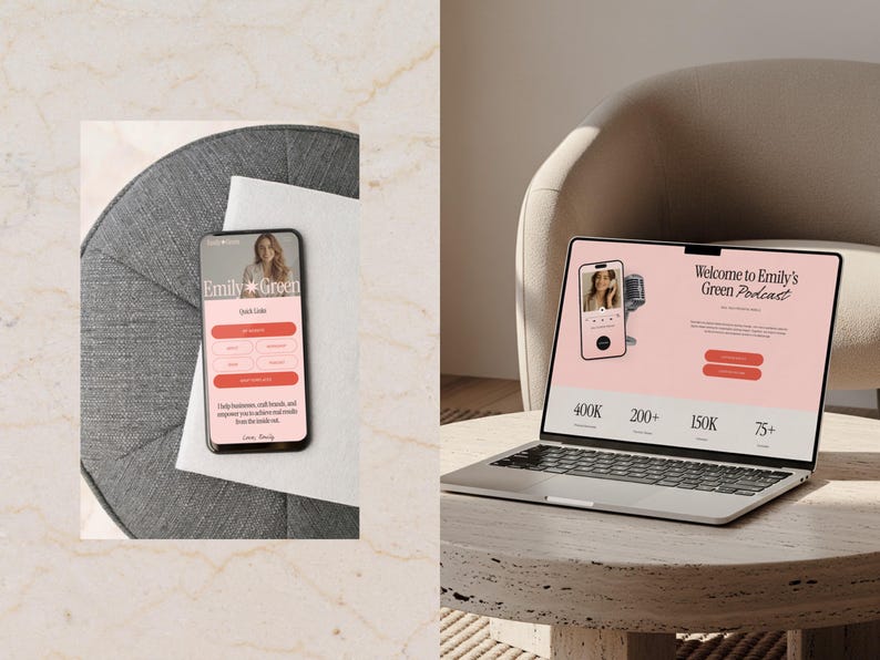 Laptop workspace scene featuring a Squarespace 7.1 website template with service sections, brand messaging, and editorial design. Ideal for coaches, consultants, and creators who want a premium website look without custom development.