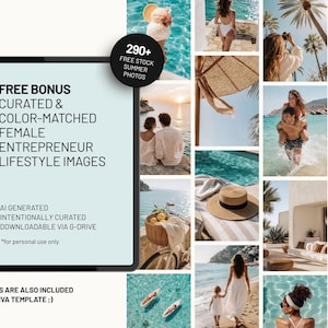 Travel Canva template bundle with 290+ bonus travel lifestyle photos included. Curated summer travel imagery featuring destinations, vacations, hospitality, and tourism content designed to complement the template collection.