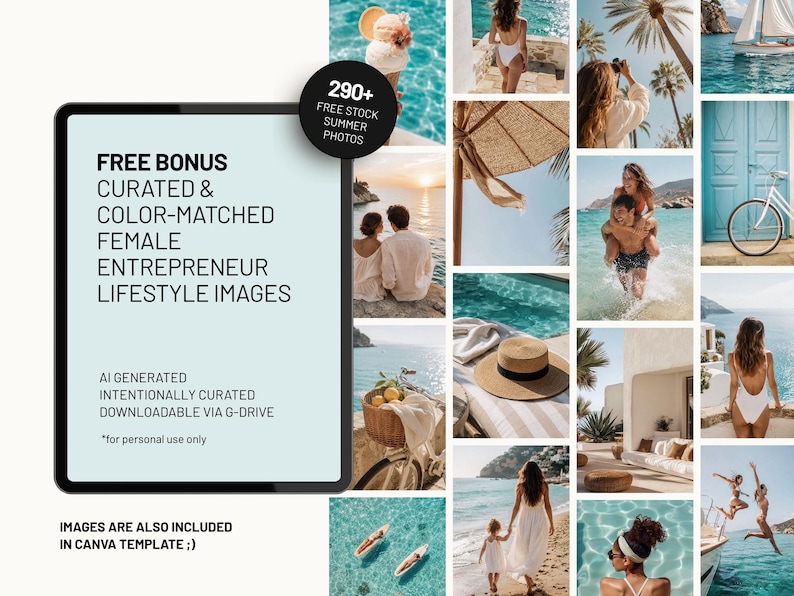 Travel Canva template bundle with 290+ bonus travel lifestyle photos included. Curated summer travel imagery featuring destinations, vacations, hospitality, and tourism content designed to complement the template collection.