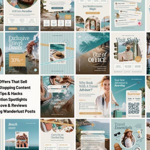 Travel content template collection including destination spotlights, travel promotions, testimonials, travel tips, engagement posts, and inspirational vacation content. Perfect for travel agencies, tour operators, resorts, and tourism brands.