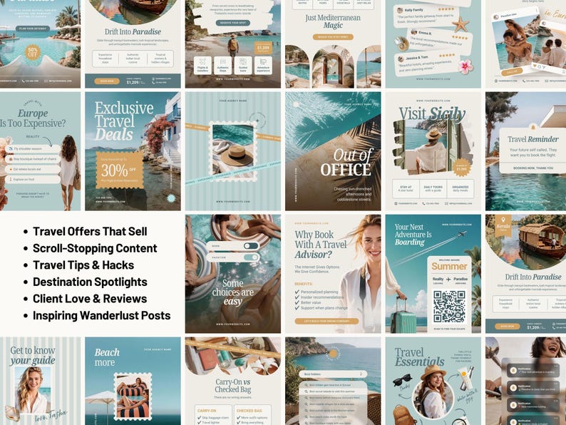 Travel content template collection including destination spotlights, travel promotions, testimonials, travel tips, engagement posts, and inspirational vacation content. Perfect for travel agencies, tour operators, resorts, and tourism brands.