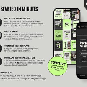 Social media Canva template bundle for Instagram featuring bold green designs, post templates, stories, carousels, and highlight covers. Easy to edit in a free Canva account. Includes 200+ free feminine lifestyle photos both inside the template and as a separate Google Drive download. Perfect for small business owners, coaches, and content creators who want a professional, cohesive, and branded social media presence.