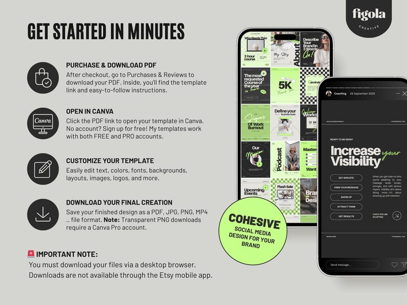 Social media Canva template bundle for Instagram featuring bold green designs, post templates, stories, carousels, and highlight covers. Easy to edit in a free Canva account. Includes 200+ free feminine lifestyle photos both inside the template and as a separate Google Drive download. Perfect for small business owners, coaches, and content creators who want a professional, cohesive, and branded social media presence.
