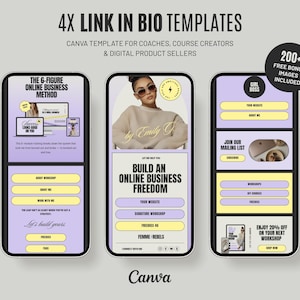 May include: Three smartphone screens showcasing 4X Link in Bio templates for coaches and course creators. The templates use a light purple and yellow colour scheme, with the text "Build an Online Business Freedom" and "200+ Free Bonus Images Included."