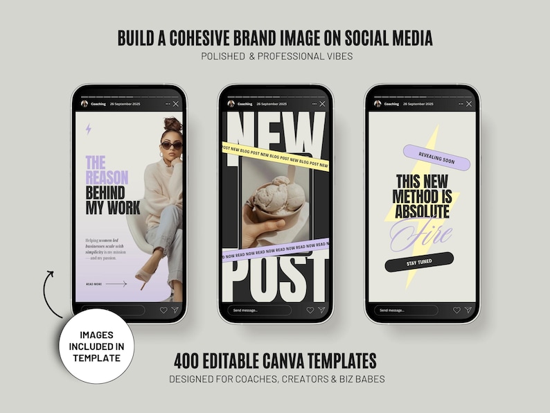 Done-for-you content creator pack containing fully customizable text hooks, structural carousels, animated video reels, and aesthetic story highlights.