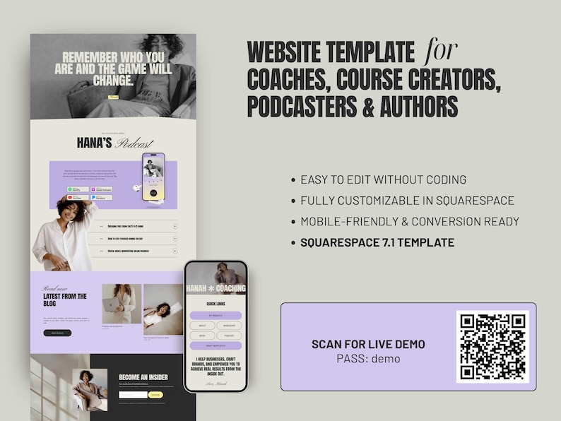 May include: A website template design for coaches, course creators, podcasters, and authors. The design features a light purple and white color scheme, with a phone mockup displaying a podcast and coaching website. The text includes "Website Template" and "Scan for Live Demo".
