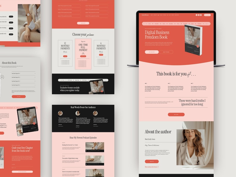 Feminine Squarespace website template with a high-end editorial style created for coaches and course creators, including homepage, about, services, and contact page layouts designed to help launch a polished personal brand website. Pink and Red website template for course creators and speakers.