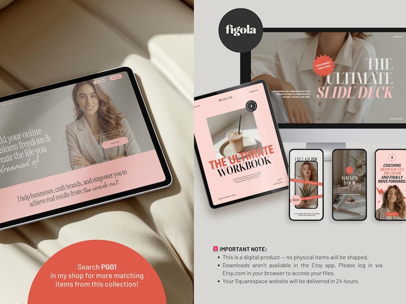 Promotional image highlighting matching Canva templates and branding assets available in the same collection. Designed to complement the Squarespace website template and help entrepreneurs build a cohesive brand across website, workbooks, and digital products.