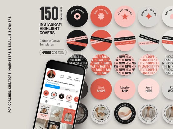 Instagram Highlight Covers Business Branding Kit Canva Templates Digital Icons Coaching Aesthetics Social Media Marketing Pack PG01
