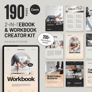 Peut inclure: Kit numérique pour la création d'ebooks et de cahiers d'exercices. L'image présente une tablette avec une couverture de cahier d'exercices et diverses mises en page. Le kit comprend 190 pages, plus de 200 images bonus, formats A4 et US Letter.