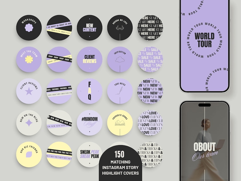 A collection of matching story cover highlights  and brand identity graphics including circular badge designs, secondary logo layouts, and custom watermark assets.
