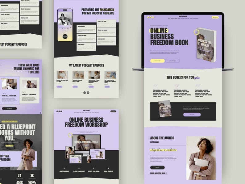 Modern Squarespace website template for coaches and she founders featuring purple, black, and neutral tones with a confident boss babe energy and conversion-ready layout. Easy to edit Squarespace website template created for female entrepreneurs who want a professional, modern feminine webpage without technical setup or coding.