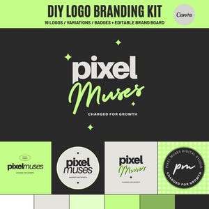 Op de afbeelding: Een DIY logo branding kit met de tekst "pixel Muses" in wit en groen op een zwarte achtergrond. De kit bevat 16 logo's, variaties, badges en een bewerkbaar merkboard. Het Canva logo staat rechtsboven.