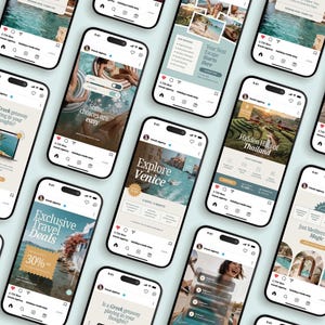 Professional travel marketing Canva templates designed for vacation planners, travel consultants, tourism businesses, hotels, and hospitality brands. Create cohesive Instagram content with destination showcases, travel offers, and promotional campaigns.
