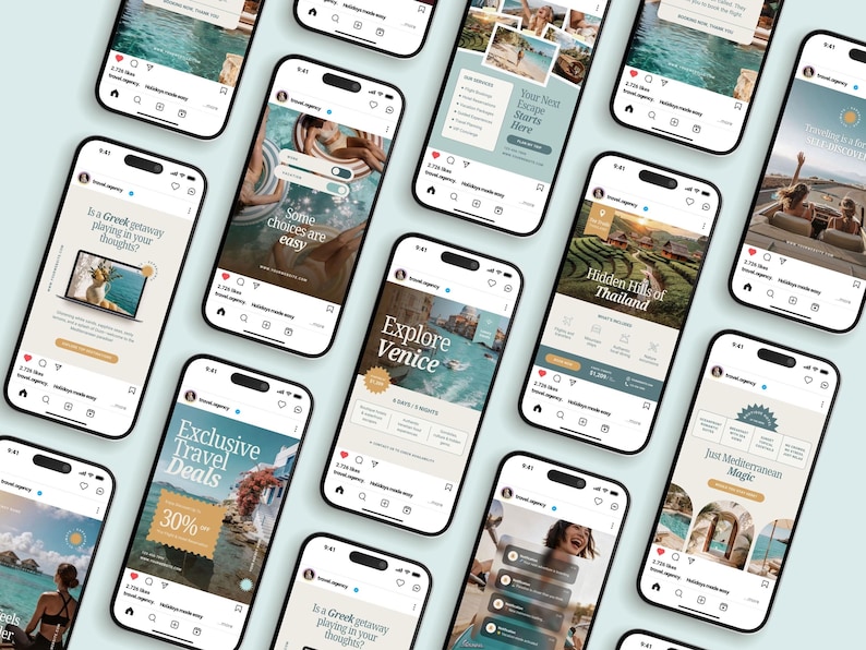 Professional travel marketing Canva templates designed for vacation planners, travel consultants, tourism businesses, hotels, and hospitality brands. Create cohesive Instagram content with destination showcases, travel offers, and promotional campaigns.