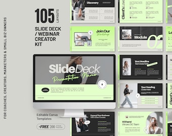 Canva Slide Deck Template Webinar Slides Canva Presentation Template Bundle Neon Green Pitch Deck Course Creator Social Media Marketing D3