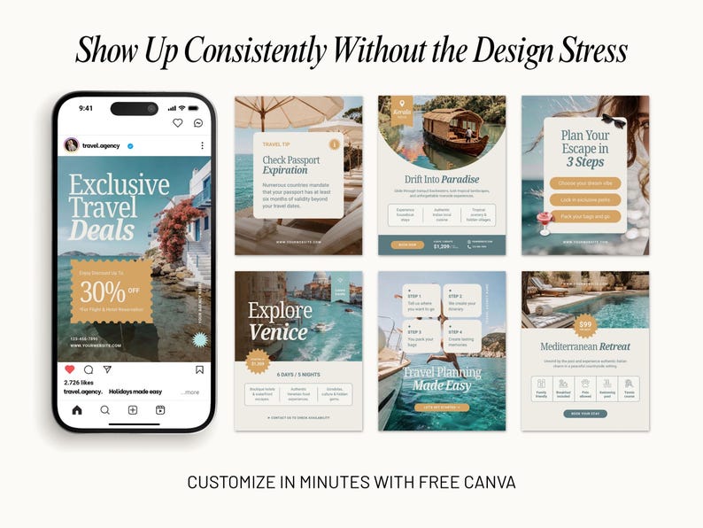 Travel social media marketing templates created to increase engagement and showcase destinations, travel packages, special offers, and client experiences. Ideal for travel advisors, agencies, resorts, and hospitality brands.