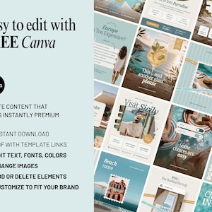 Editable travel Instagram templates for Canva. Customize fonts, colors, images, logos, and text to match your travel agency, tour operator, hotel, or hospitality brand. Beginner-friendly templates compatible with Canva Free and Pro.