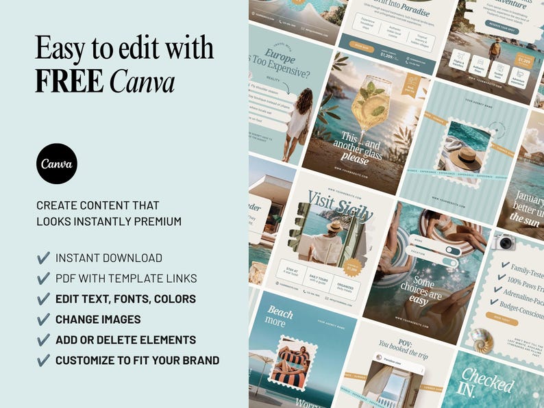 Editable travel Instagram templates for Canva. Customize fonts, colors, images, logos, and text to match your travel agency, tour operator, hotel, or hospitality brand. Beginner-friendly templates compatible with Canva Free and Pro.