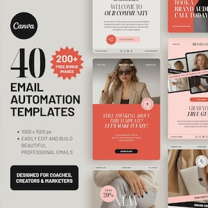 May include: A promotional graphic for email marketing templates. The design features the Canva logo, the text "40 Email Automation Templates," and "200+ Free Bonus Images." Additional graphics include sample email layouts and the text "Designed for Coaches, Creators & Marketers."