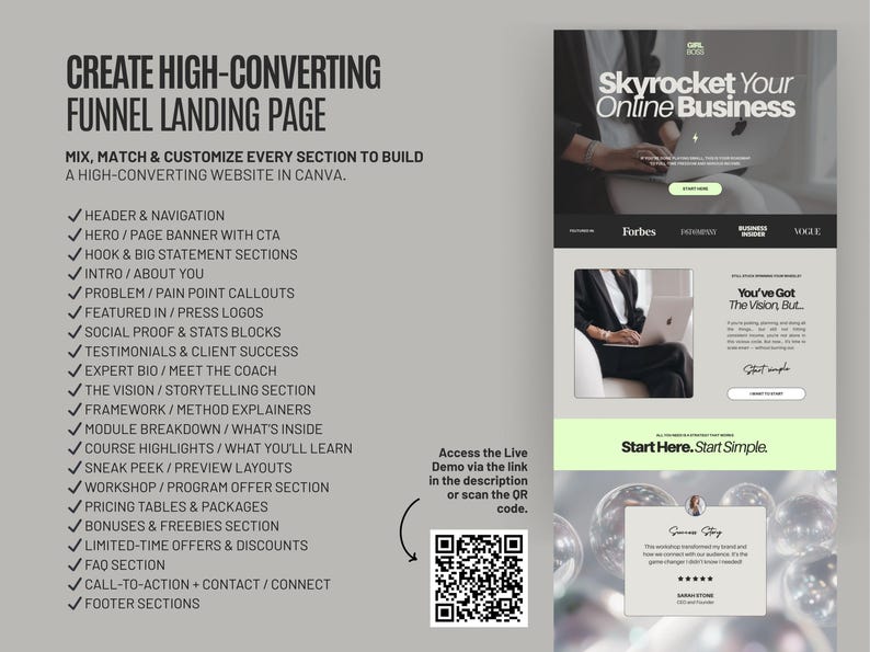 Feminine Canva website template in neon green and clean modern style, created for online educators and marketers who need a DIY sales page that drives conversions.