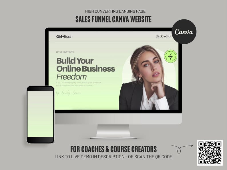 Editable one-page Canva landing page template featuring headers, testimonials, FAQs, pricing tables, and CTAs to help entrepreneurs sell digital products and coaching services.