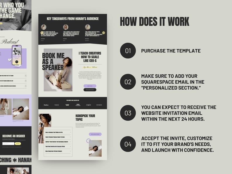 Easy to edit Squarespace drag and drop website template for coaches and female founders, featuring a modern feminine layout with violet, purple, and soft neutral branding.