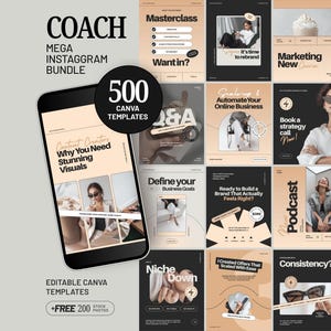 500 modelli di post Instagram per coach su Canva, Mega Bundle di storie, caroselli e contenuti in evidenza, Kit di marketing sui social media per coach e creatori, D4