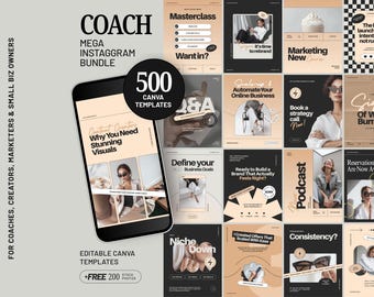 500 plantillas de publicaciones de Instagram para entrenadores en Canva, paquete mega de historias, carruseles y destacados, kit de marketing en redes sociales para entrenadores y creadores, D4