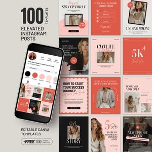 Instagram Templates Canva Pink Social Media Branding Kit Aesthetic Instagram Post Template for Business Coaches Feed Pack 100 Templates PG01