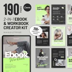 Może przedstawiać: Cyfrowy zestaw produktów do tworzenia ebooków i zeszytów ćwiczeń. Obraz przedstawia kolekcję szablonów o nowoczesnym designie, z limonkową zielenią i czernią. Zawiera 190 stron i ponad 200 dodatkowych obrazów.
